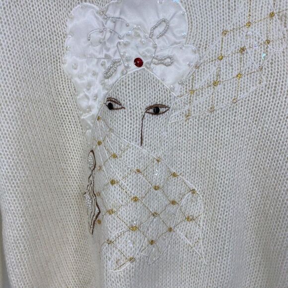 Vintage Angenie Ivory Wool Blend Sweater Sequin Pearl Accents Woman's Face Small - Picture 2 of 6